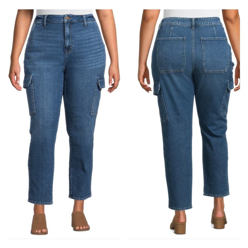 Woman's High Rise Straight Legged Cargo Jeans - Size 24W Plus Size Denim